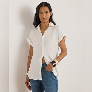 Lauren Ralph Lauren XL Relax Fit White Button-Down Linen Short-Sleeve Shirt